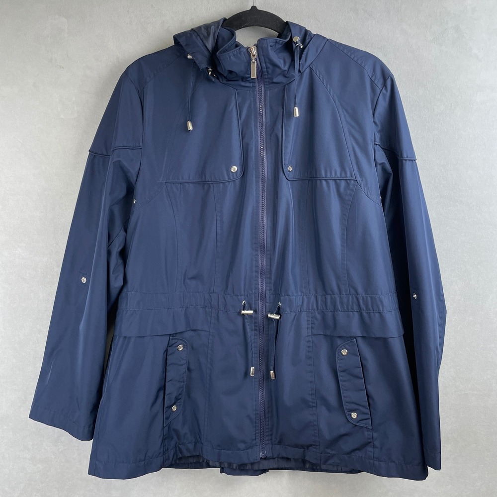 Dressbarn Womens Navy Blue Utility Anorak Hooded Rain Jacket Adjustable Waist L